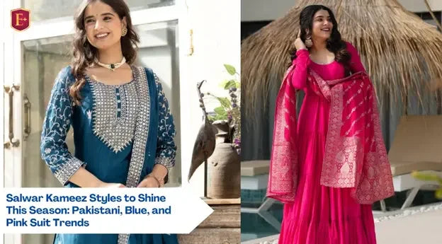 Women wearing blue and pink designer salwar kameez, showcasing ethnic suit trends.