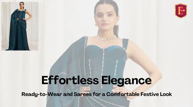 Woman in teal ready-to-wear designer saree, festive Indian ethnic wear, elegant pose