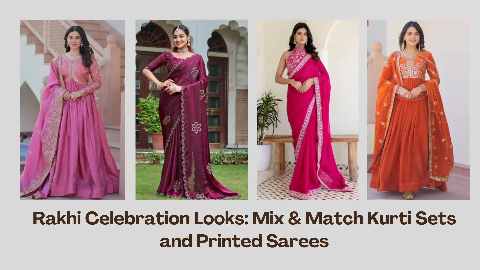 Women wearing festive mix and match kurti sets and printed sarees for Rakhi celebration