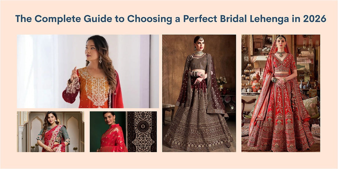 Collage of bridal lehengas and sarees in rich red and maroon, Ethnic Plus guide 2026