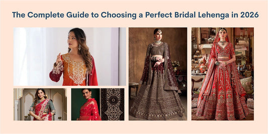 Collage of bridal lehengas and sarees in rich red and maroon, Ethnic Plus guide 2026
