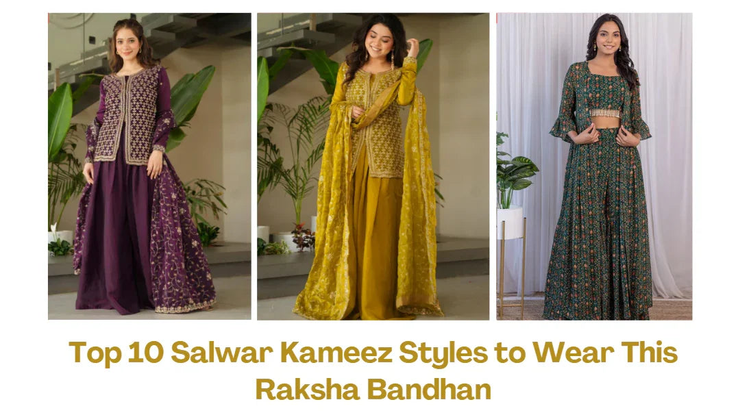 Three women in modern salwar kameez outfits, perfect for Raksha Bandhan celebration