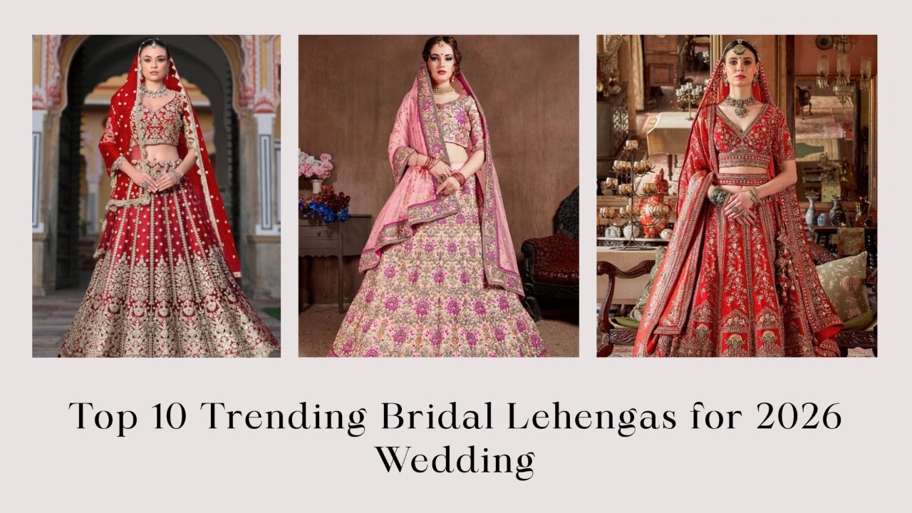 Three models wearing trending bridal lehengas in red and pink for 2026 weddings