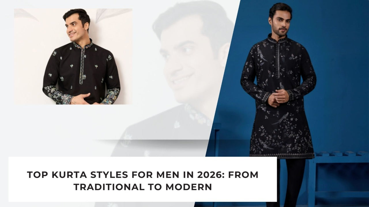 Men wearing stylish embroidered black kurtas, showcasing trending kurta designs for 2026