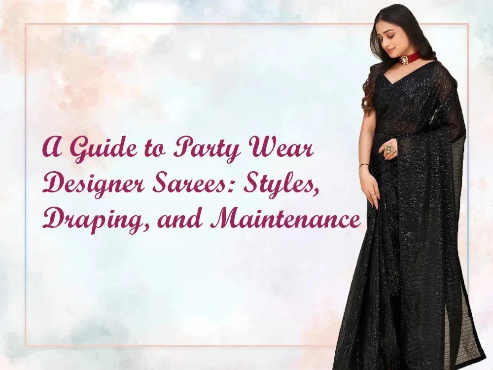Woman in black designer party wear saree on Ethnic Plus guide to saree styles and draping