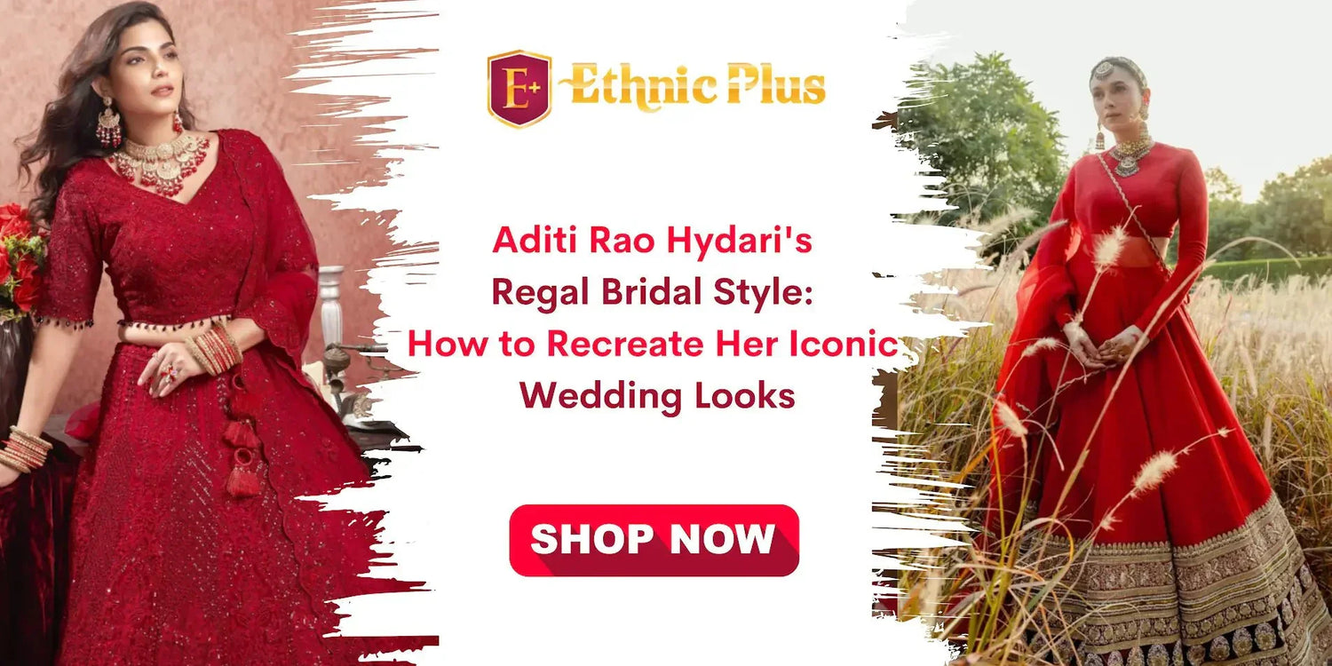 Two women in red Indian bridal lehengas with gold jewelry, Ethnic Plus banner, Shop Now button