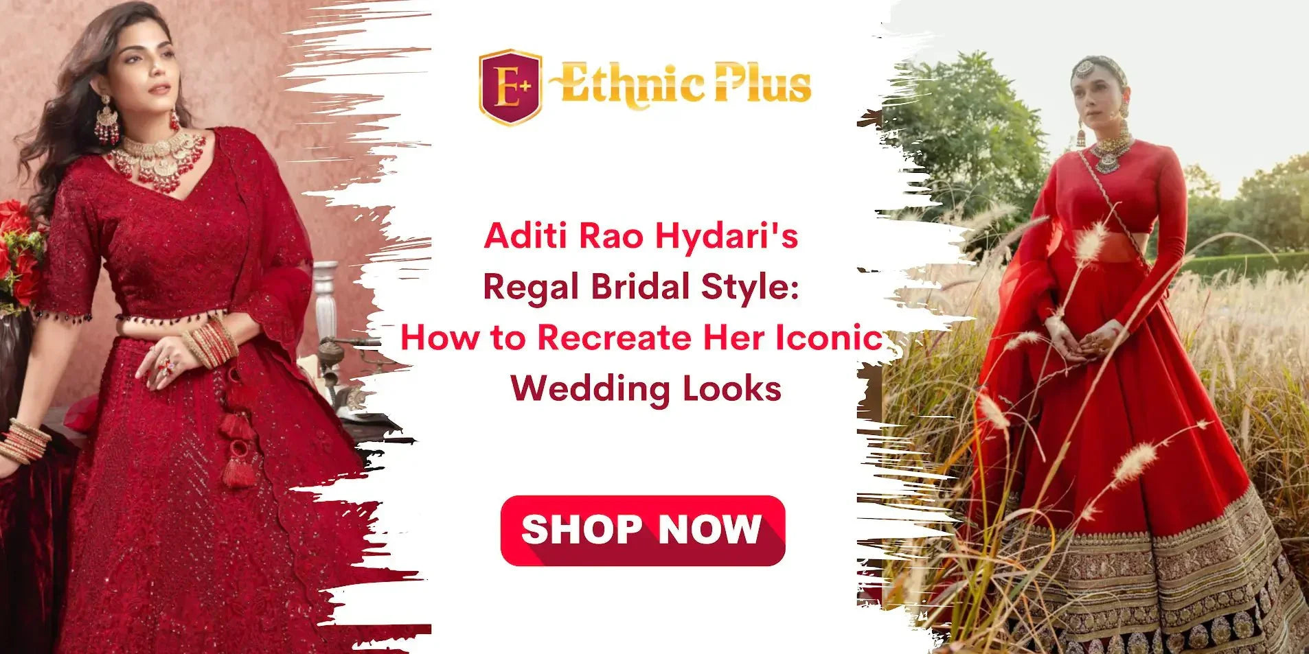 Two women in red Indian bridal lehengas with gold jewelry, Ethnic Plus banner, Shop Now button