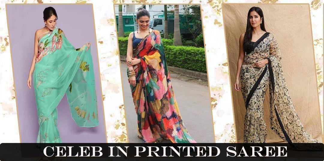 Three women wearing designer printed sarees in pastel, multicolor, and beige floral patterns
