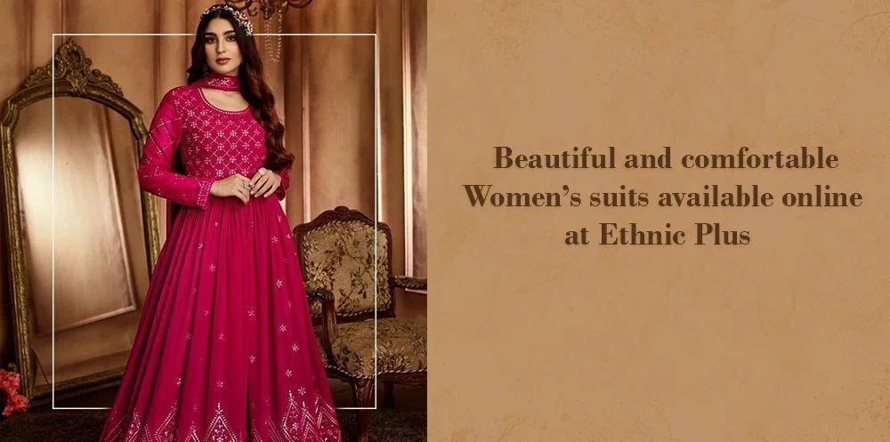 Woman in elegant magenta Indian ethnic suit with embroidery, Ethnic Plus online shop banner