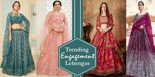 Modern women modeling colorful designer lehengas for engagement, Ethnic Plus fashion