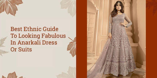 Woman wearing embroidered Anarkali suit, Indian ethnic gown, in elegant indoor setting