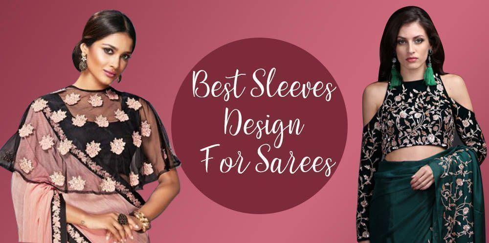 Women wearing modern designer saree blouses with unique embroidered sleeve designs