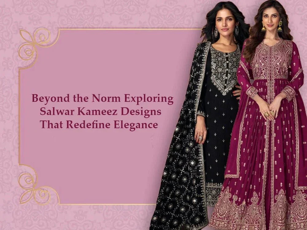 Two women in elegant designer salwar kameez, black and maroon, Ethnic Plus fashion banner.