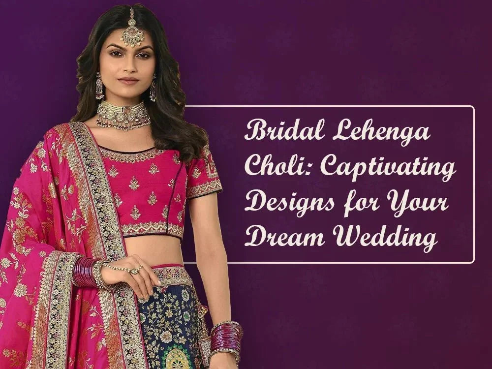Woman in pink and navy blue bridal lehenga choli with heavy embroidery and jewelry