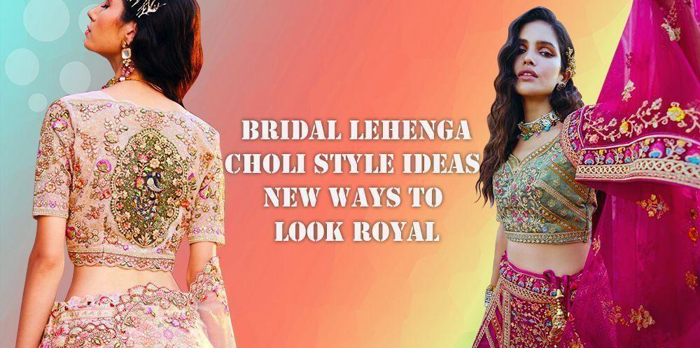 Women wearing designer bridal lehenga choli with intricate embroidery, Ethnic Plus fashion.