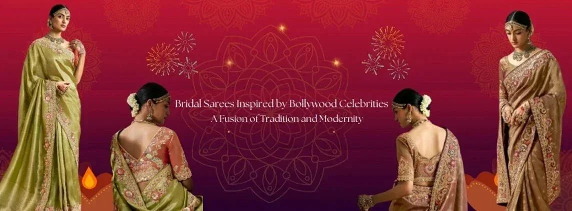 Women in elegant bridal sarees with floral embroidery, inspired by Bollywood, on festive background