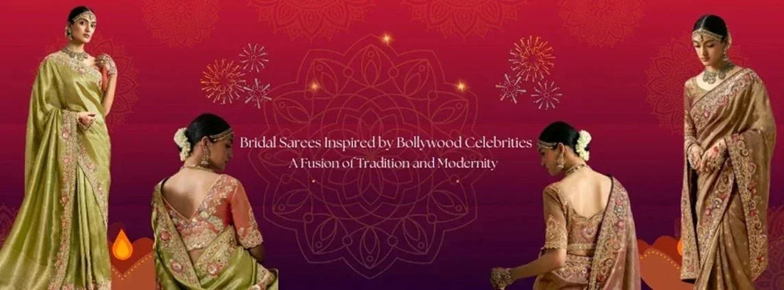 Women in elegant bridal sarees with floral embroidery, inspired by Bollywood, on festive background