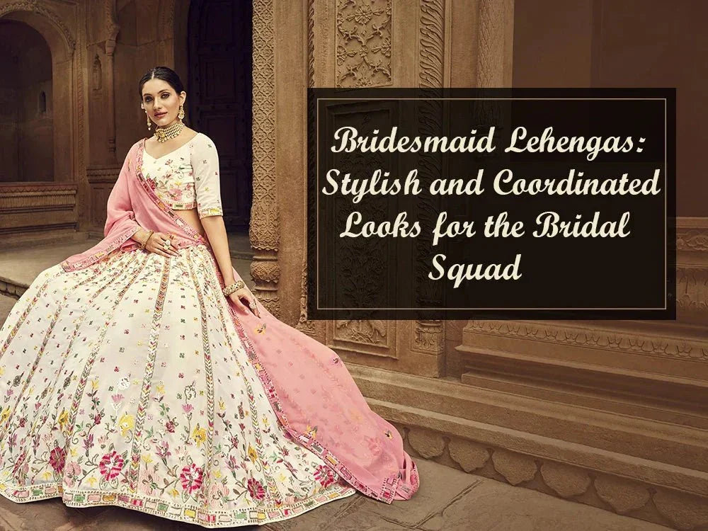Woman in floral embroidered lehenga with pink dupatta, ideal bridesmaid outfit for weddings