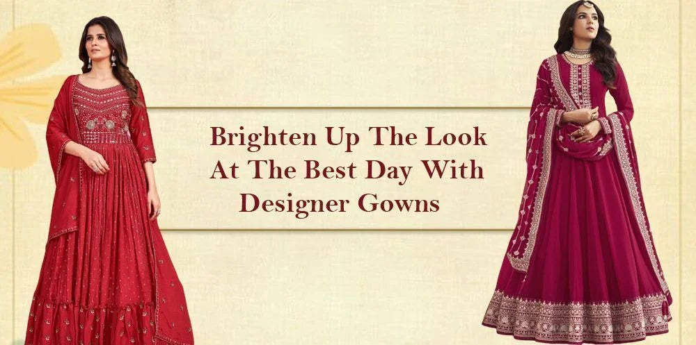 Women in red ethnic designer gowns with embroidery showcasing festive Indian wear.