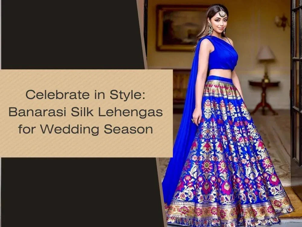Woman in vibrant blue Banarasi silk lehenga for wedding season, Ethnic Plus ethnic wear