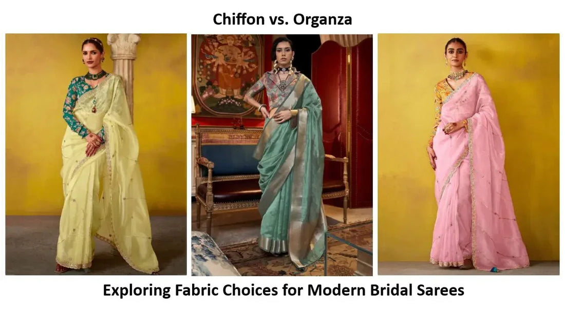 Three women in elegant pastel chiffon and organza bridal sarees, Ethnic Plus.