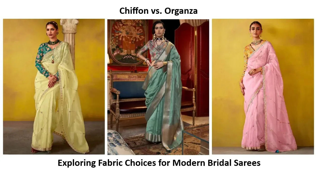 Three women wearing designer chiffon and organza bridal sarees in pastel colors, elegant setting.