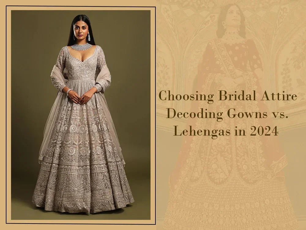 Indian woman in an embroidered bridal gown, comparing gown vs lehenga for 2024 wedding fashion.