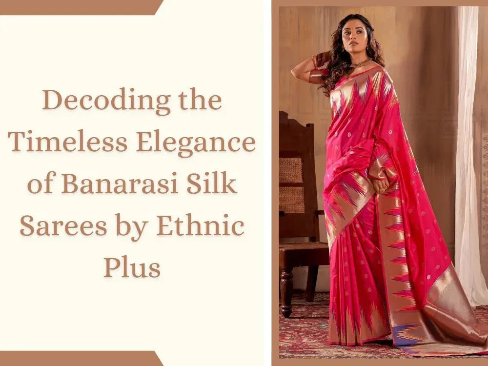 Woman wearing vibrant pink Banarasi silk saree with gold zari work, traditional ethnic wear
