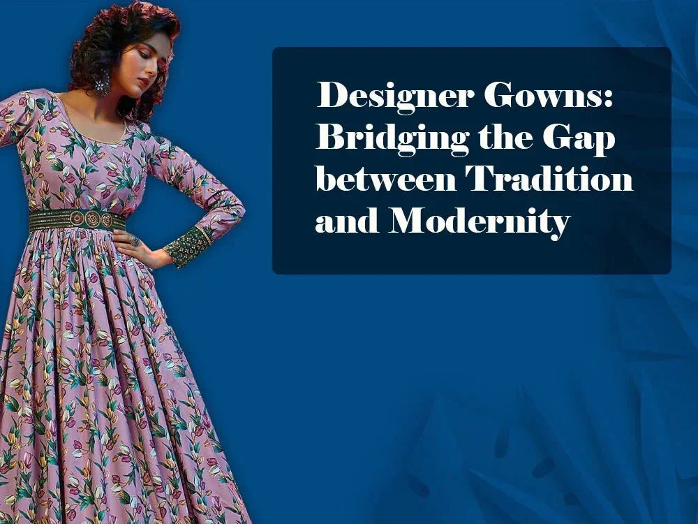 Woman in floral Indian designer gown, blue background, Ethnic Plus fashion theme