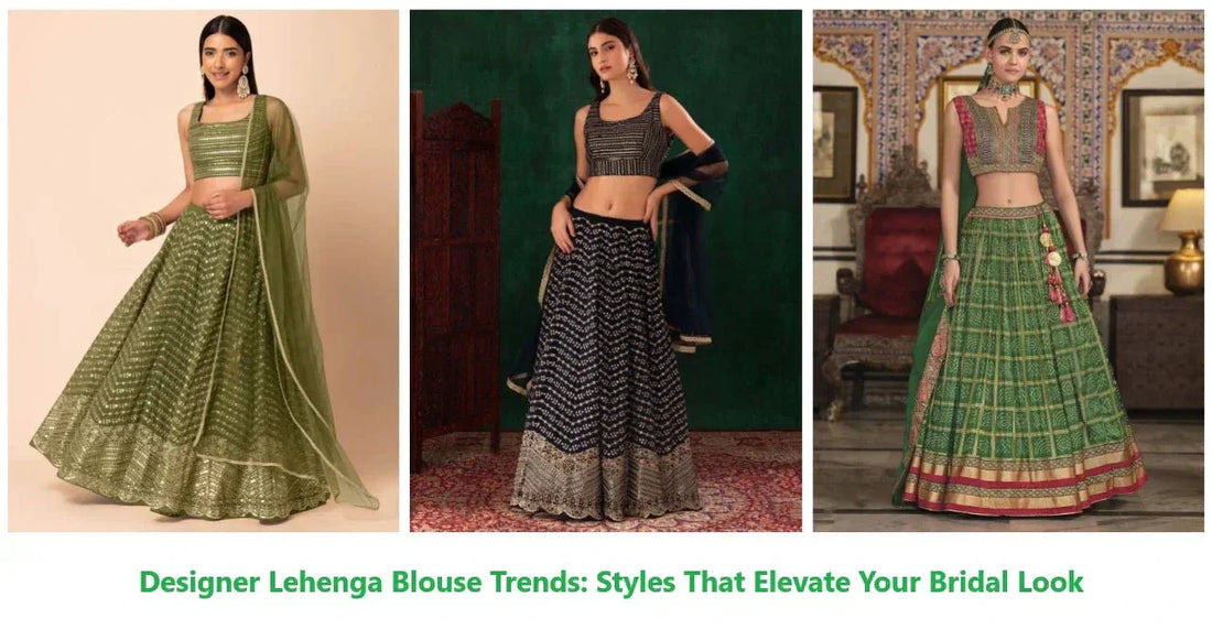 Three women wearing designer lehenga blouses and skirts in green and navy for bridal fashion, Ethnic Plus.
