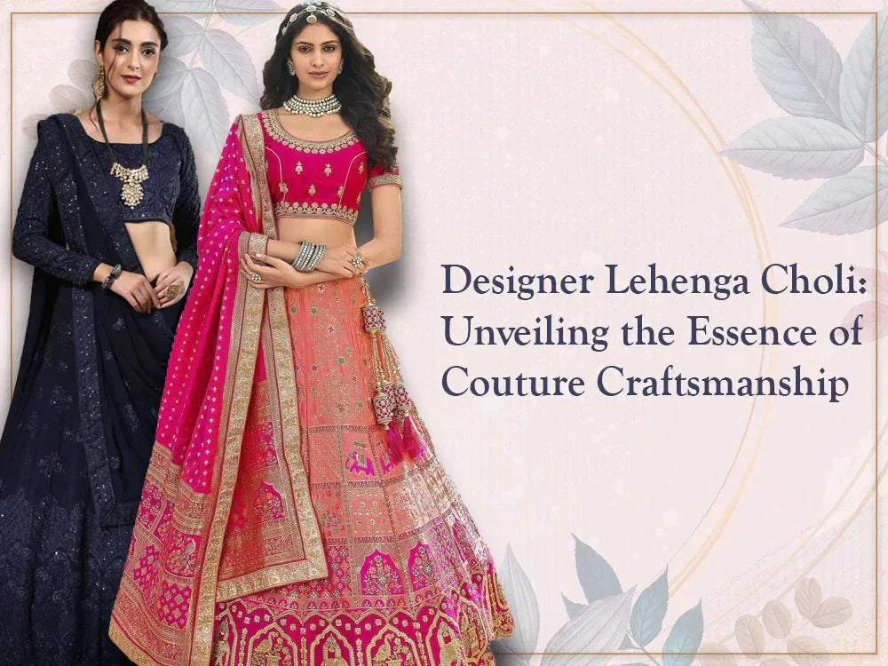 Women wearing designer lehenga choli in navy blue and pink, traditional Indian ethnic wear.