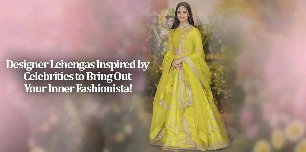 Woman wearing a vibrant yellow designer lehenga choli with dupatta, floral background
