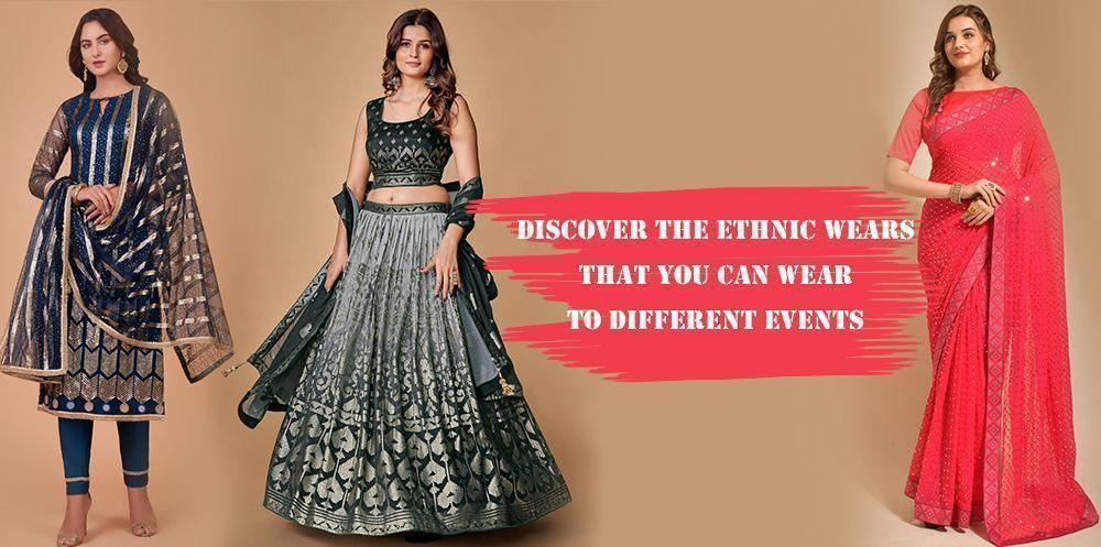 Women wearing Indian ethnic wear: salwar kameez, lehenga choli, and saree from Ethnic Plus.