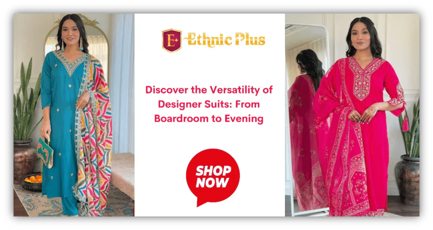 Women wearing colorful Indian designer salwar kameez suits from Ethnic Plus, stylish ethnic wear.