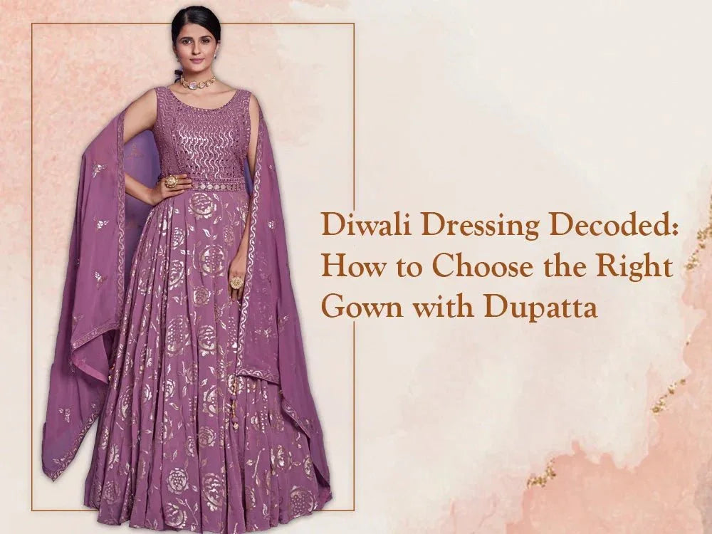 Woman in a purple ethnic gown with dupatta, floral patterns, styled for Diwali fashion