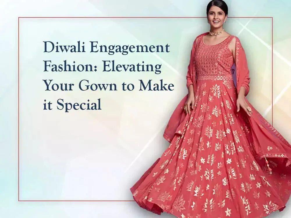 Woman wearing a coral ethnic embroidered gown, ideal for Diwali or engagement fashion.