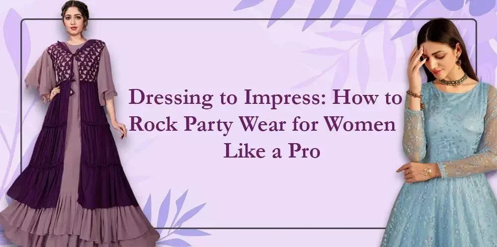 Women in elegant party wear dresses, one in mauve ethnic gown and one in blue, Ethnic Plus fashion