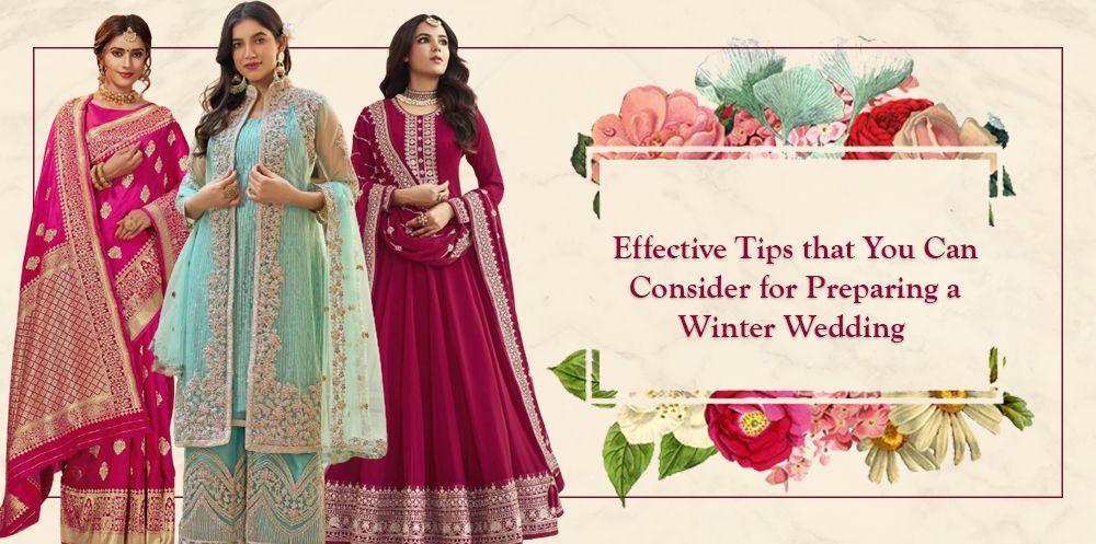 Three women in colorful Indian ethnic wear lehenga and gowns, winter wedding style, Ethnic Plus