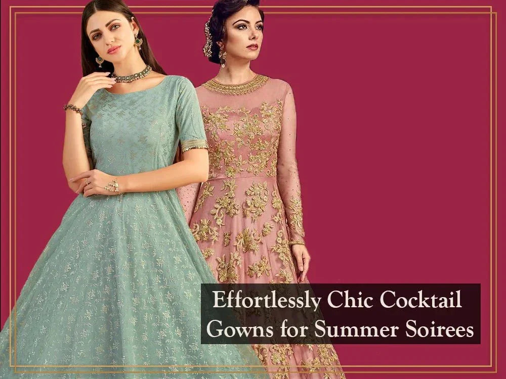 Two women in embroidered ethnic cocktail gowns, one in light blue and one in pink, on a maroon background