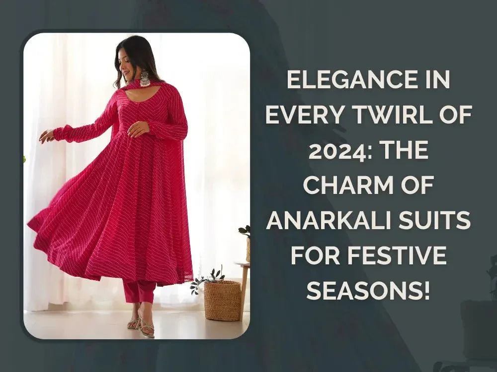 Woman in vibrant pink Anarkali suit twirling, promoting festive Indian ethnic wear for 2024