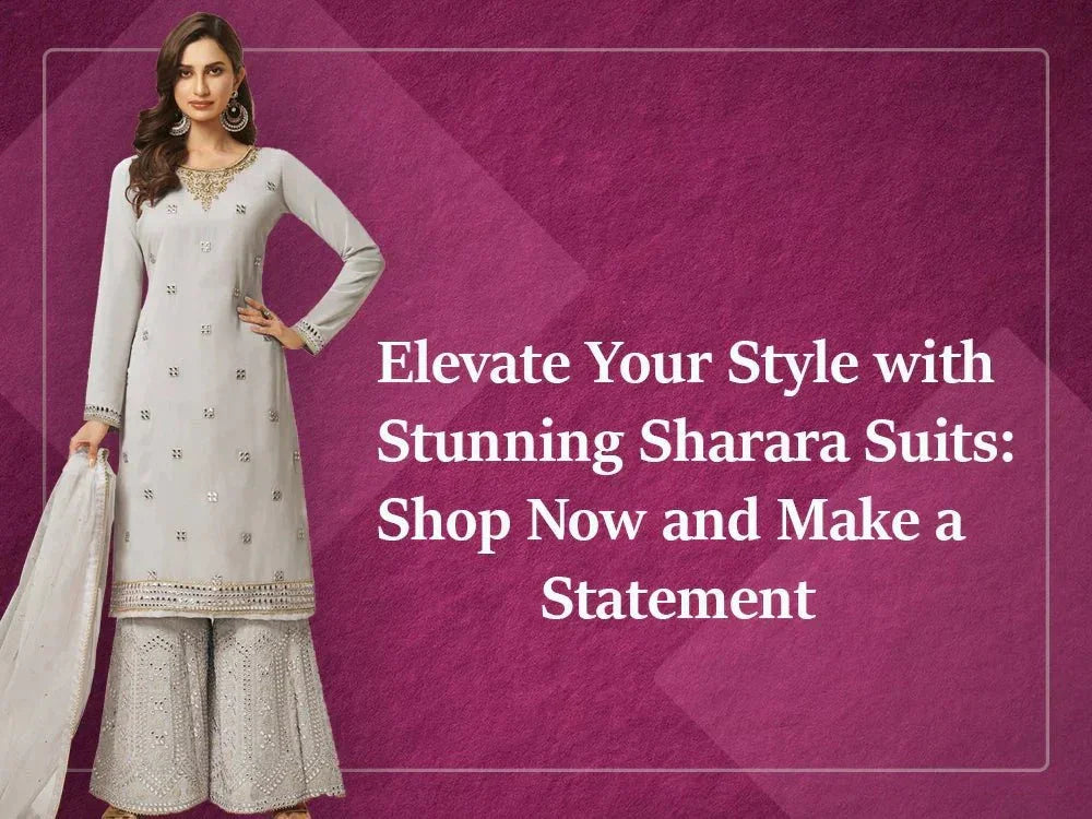 Woman in embroidered light grey sharara suit with matching dupatta on a mauve background