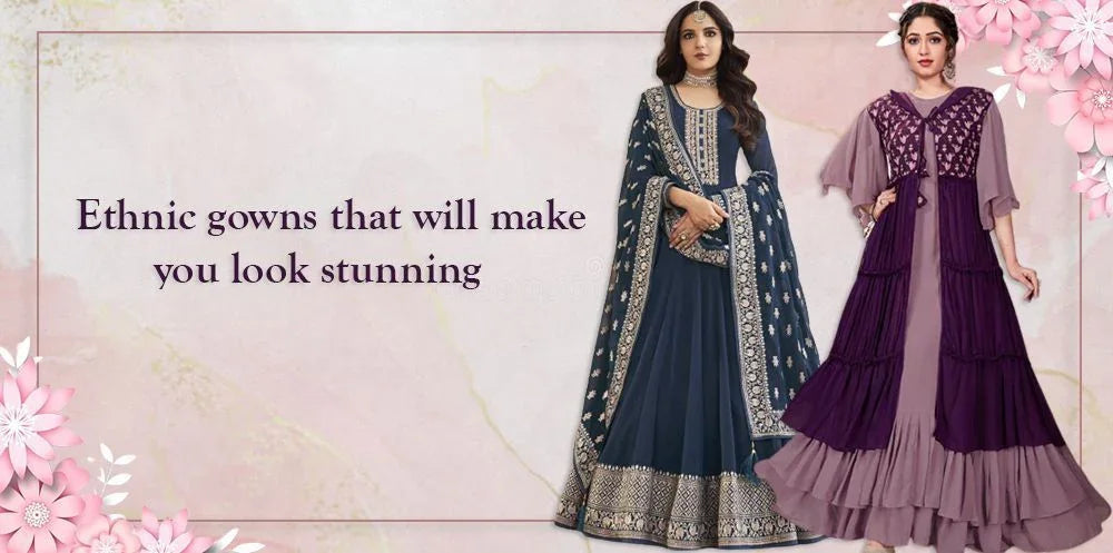 Women wearing designer ethnic gowns in blue and purple, floral background, Ethnic Plus fashion