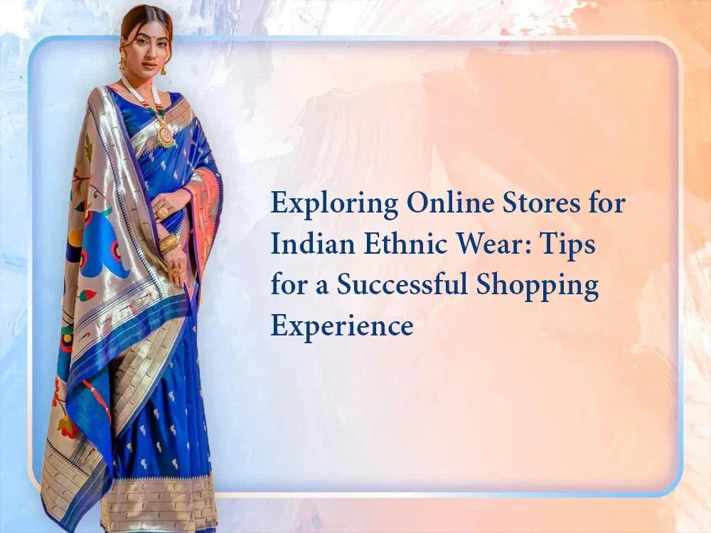 Woman in blue silk saree with traditional jewelry, Indian ethnic wear shopping tips text overlay