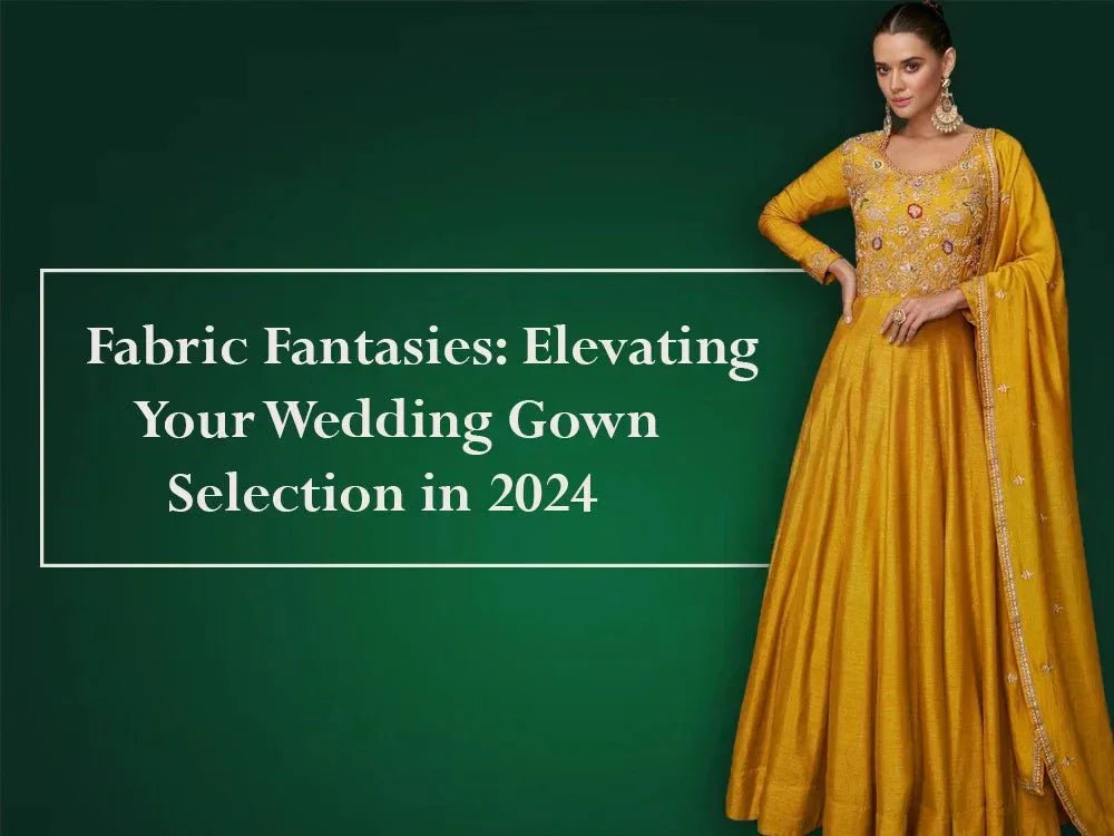 Woman in yellow embroidered ethnic gown for wedding on green background, 2024 trends