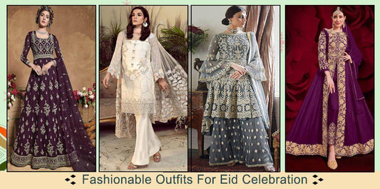 Women wearing designer Indian ethnic outfits for Eid, including lehengas, sarees, and gowns