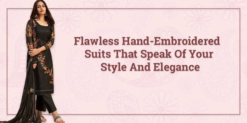 Woman in black hand-embroidered ethnic suit with floral designs, promoting elegant Indian wear.