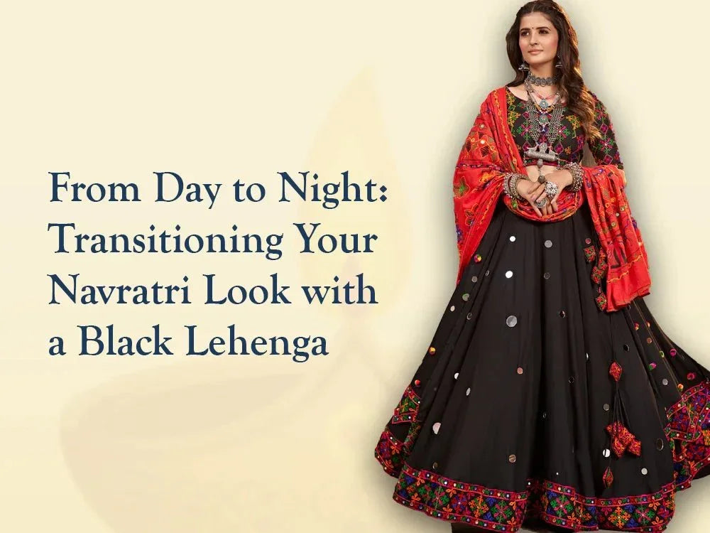 Woman wearing embroidered black lehenga with colorful dupatta, Navratri ethnic outfit