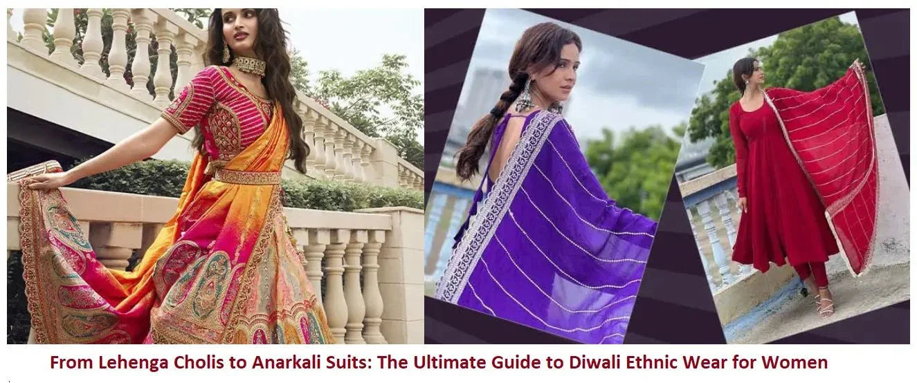 Women in colorful lehenga choli, purple dupatta suit, and red Anarkali suit for Diwali.