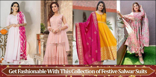 Women wearing stylish festive salwar suits in various colors, Ethnic Plus Indian ethnic wear