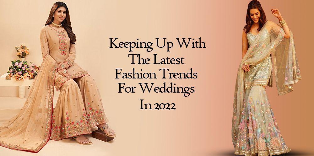 Women modeling modern sharara suits with embroidery, showcasing Indian ethnic wear trends.